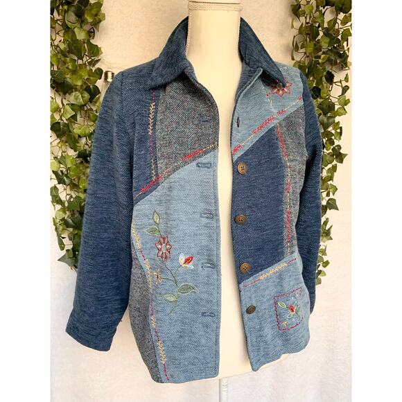 Alfred Dunner Jackets & Blazers - Vintage 90's Alfred Dunner Blue Tweed Patchwork Floral Embroidery Button Jacket